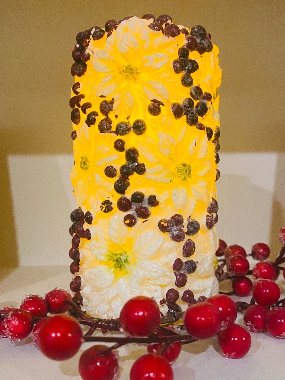 LED Floral Pillar Candle in Yellow with Berry Accents